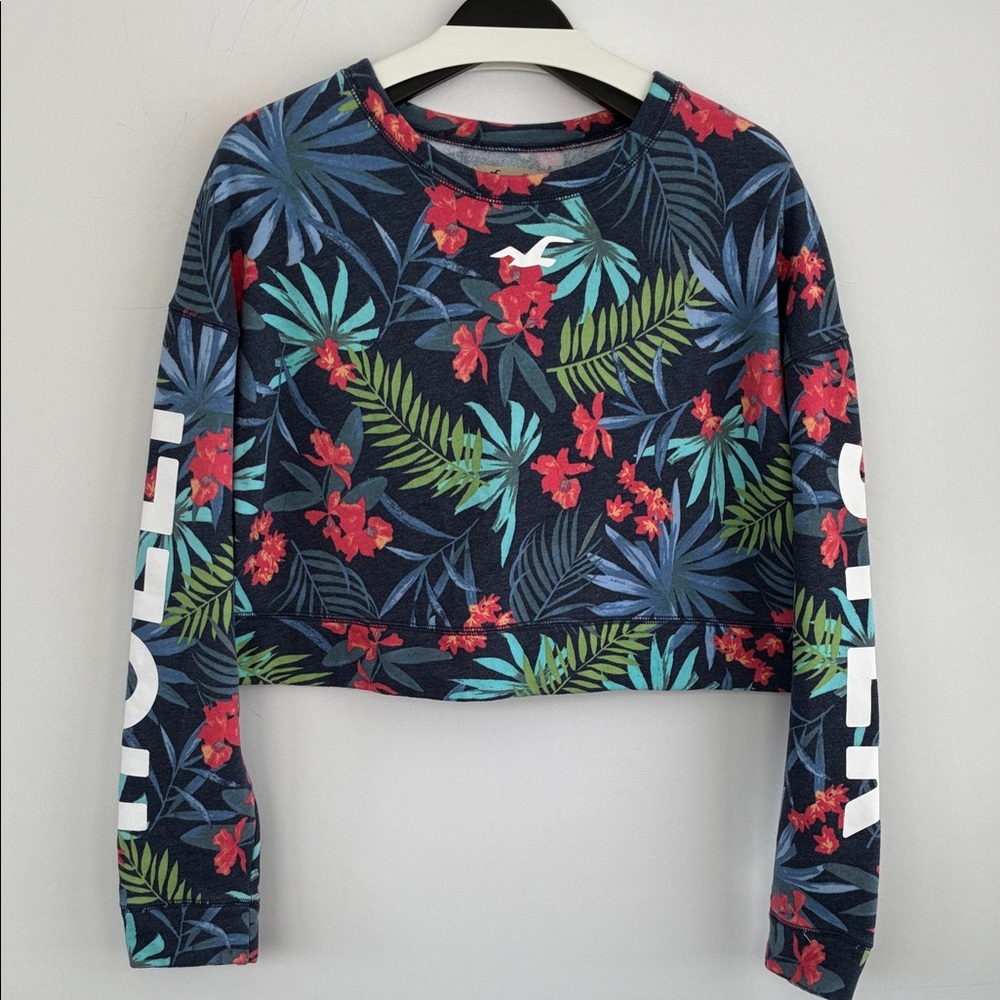 Hollister Tropical Floral Crop Crewneck Sweatshirt Cropped Medium